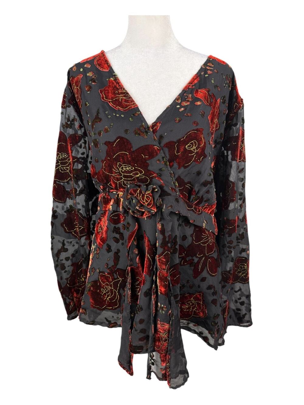 Vintage 14-16 Velvet Burnout Top Black Red Roses Lined Sheer Bell Sleeves Witchy
